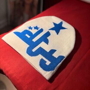 White Knit Beanie With Blue Arabic Letters
